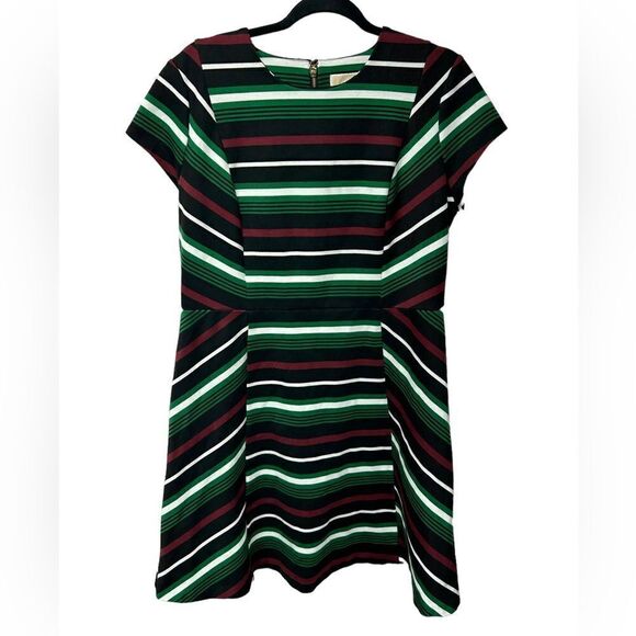 Michael Kors Striped Short Sleeve Mini Dress Green Red White Black Skater Circle - Picture 1 of 4